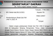 Pemda Boltim Terbitkan SE Pelaksanaan Sholat Ied